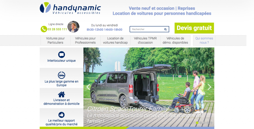 page d'accueil du site internet handynamic, qui propose des véhicules pour personnes en situation de handicap moteur